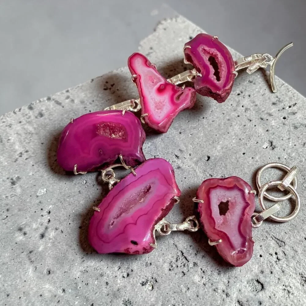 Pink Druzy Agate Slice Toggle Bracelet 925 Silver Plated